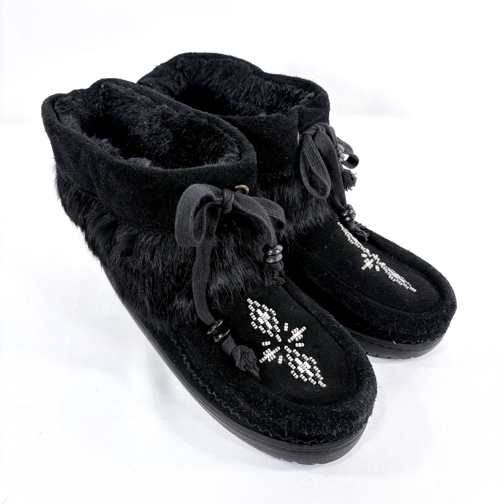 Manitobah Mukluks Boots Black Suede Rabbit Fur Beaded Vibram Sole Women L5